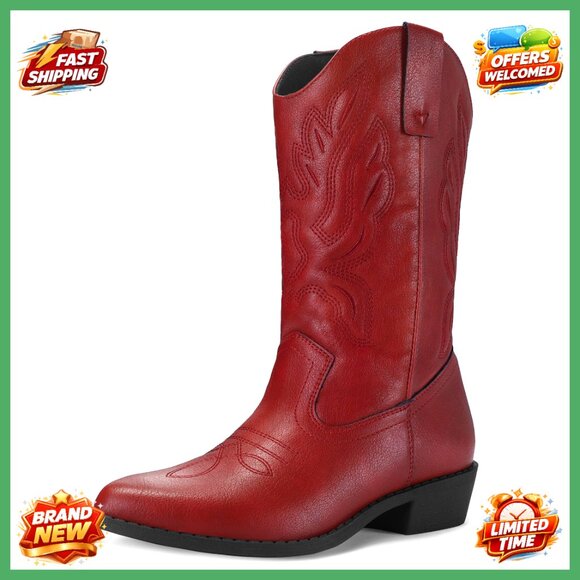 Western Cowboy Boots Embroidered Mid-Calf Pointed Toe Cowgirl Boots Vintage